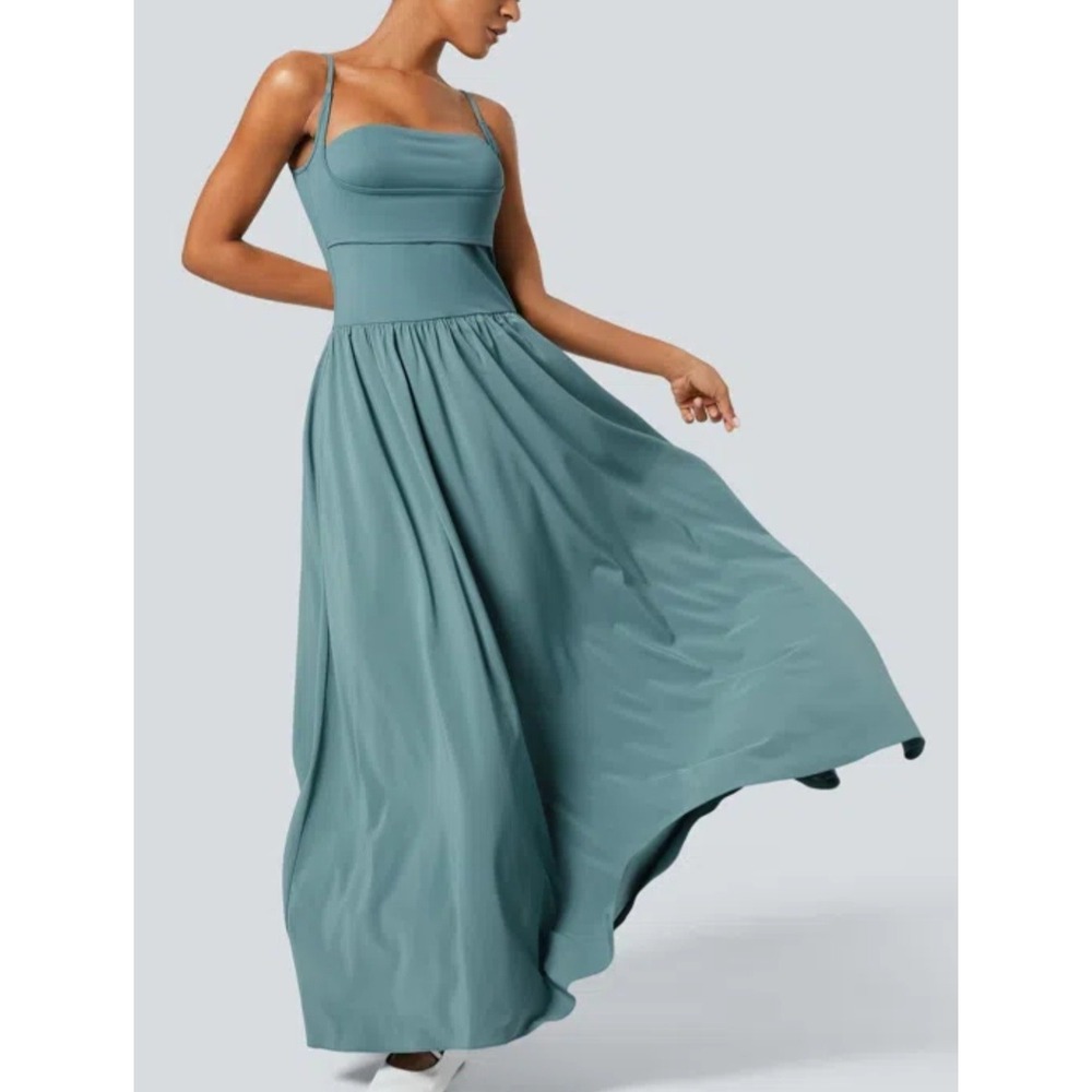Halara Breezeful Pocket Flowy Flare‎ Maxi Quick Dry Casual Dress Stone Blue XS